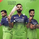 RCB green jersey with gold-plated name, number, logos, and horizontal gold stripes