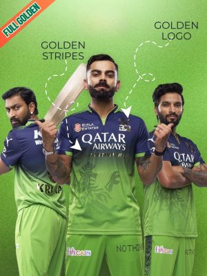 RCB green jersey with gold-plated name, number, logos, and horizontal gold stripes
