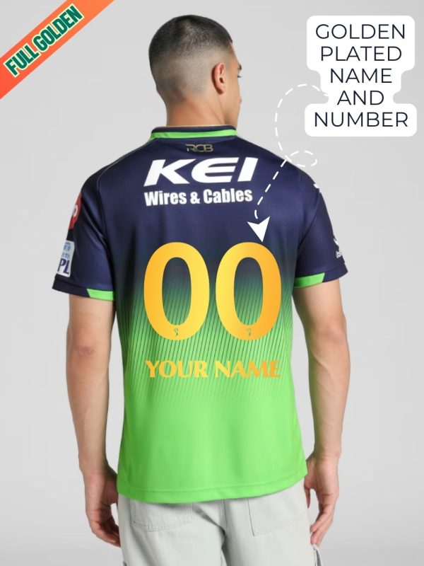 Special edition RCB green jersey with full gold accents: plated name, number, logos, and stripes
