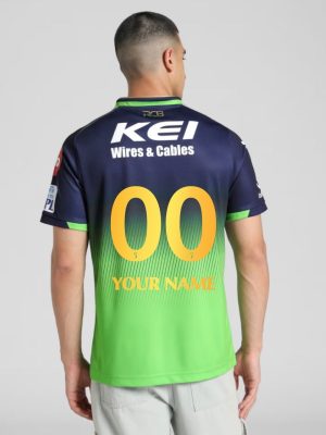 Rear view of RCB green jersey with golden customized name and number.