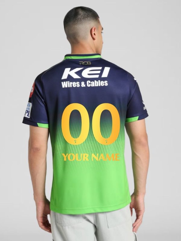 Rear view of RCB green jersey with golden customized name and number.