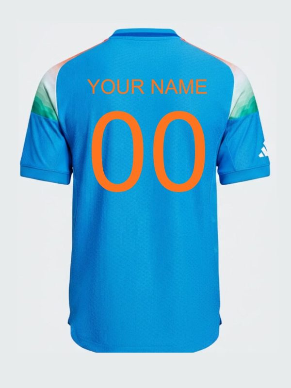 Sky blue ODI India jersey front and back view with Apollo Tyres logo and Teehub custom name and number printing.