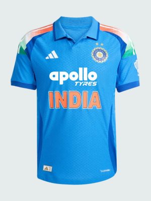 Team India ODI Jersey Apollo Tyres edition in sky blue with custom name and number, premium Teehub cricket fanwear.