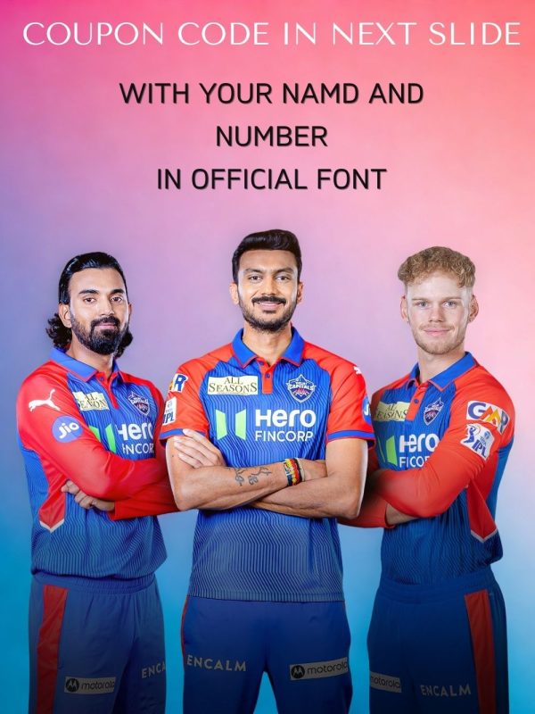 Stack of folded Delhi Capitals 2025 jerseys with a “Sale” tag on top.