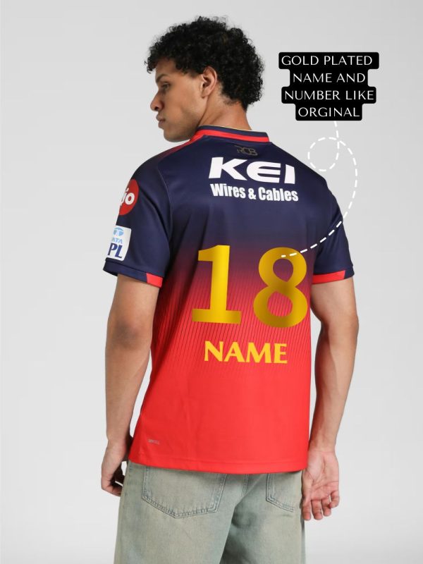 RCB full golden edition jersey with plated name, number, and golden horizontal stripes