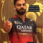 "RCB golden jersey featuring gold-plated name, number, logo, and horizontal gold stripes, full golden edition