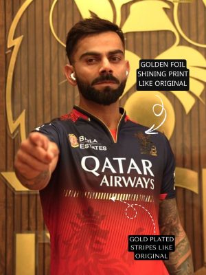 "RCB golden jersey featuring gold-plated name, number, logo, and horizontal gold stripes, full golden edition
