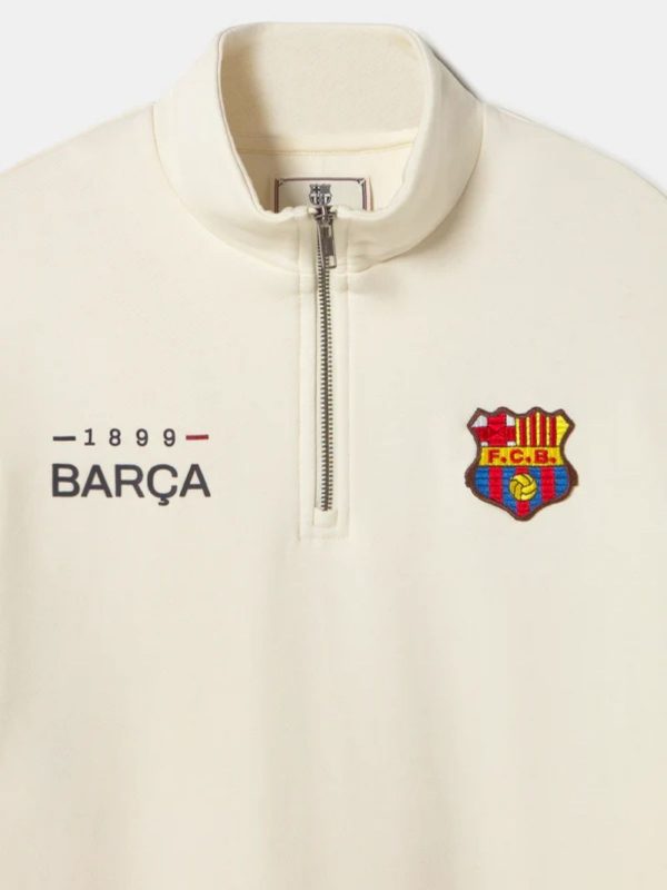 Drop shoulder Barcelona sweatshirt in off-white with sleeve stripes and club badge.