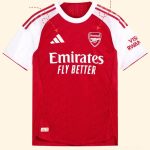 Arsenal 2025-26 home jersey displayed on hange