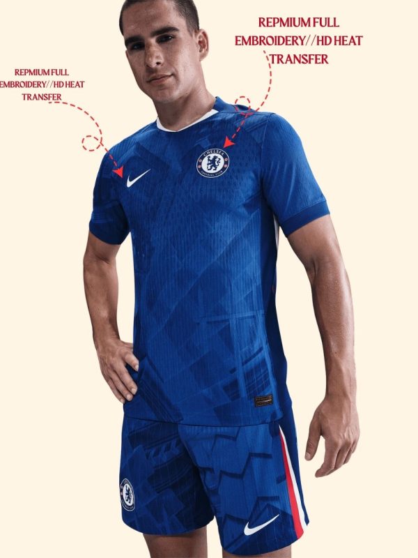 Close-up of Chelsea 2025 jersey badge and stitching