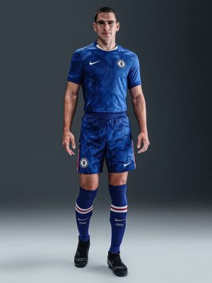 Chelsea 2025–26 home jersey hanging under stadium lights