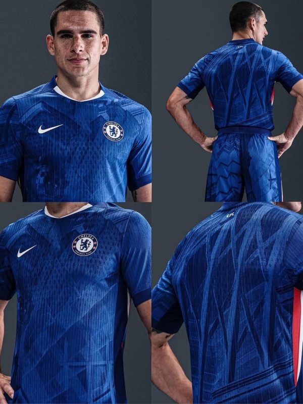 Chelsea fan wearing 2025-26 home kit in stadium