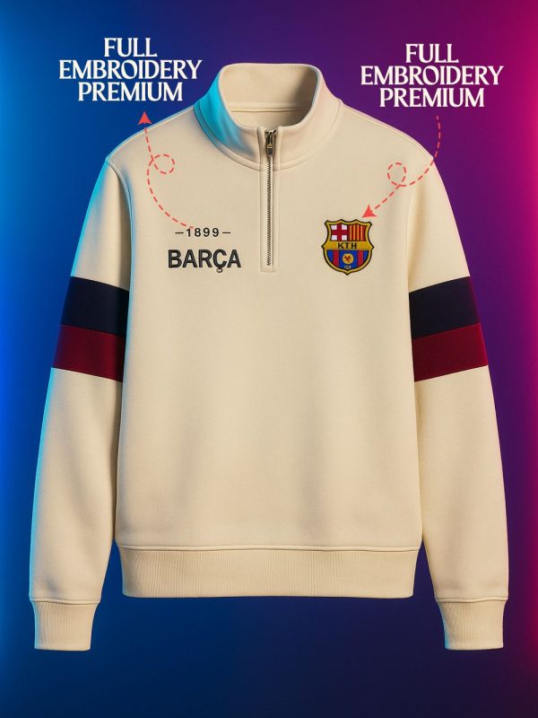 Oversized cream sweatshirt with FC Barcelona crest and 1899 print.