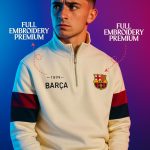 Cream Barcelona retro sweatshirt with 1899 print, drop shoulders, and color-blocked sleeves.