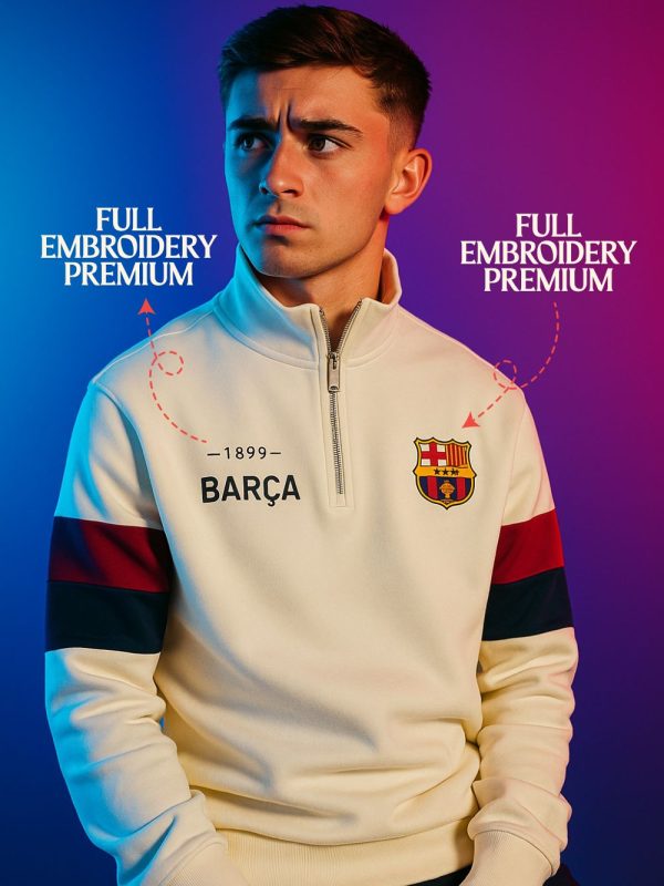 Cream Barcelona retro sweatshirt with 1899 print, drop shoulders, and color-blocked sleeves.