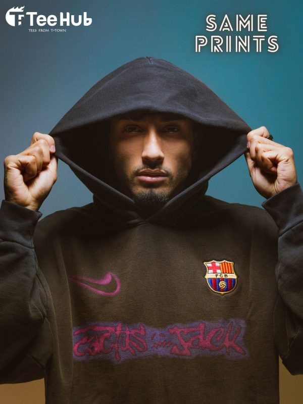 Hoodie back design showing Cactus Jack graphic with Barça crest teehub