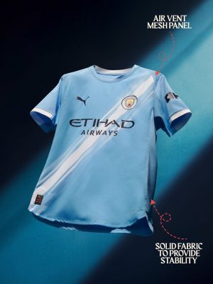 Front view of the Manchester City 2025-26 home fan jersey featuring signature sky blue design.