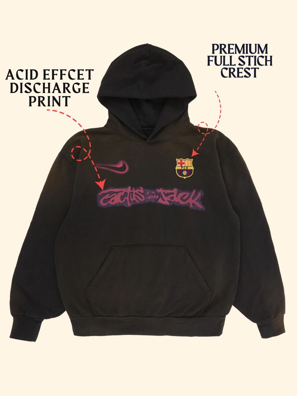 Barcelona Travis Scott Hoodie - Oversized - Acid Wash - Premium