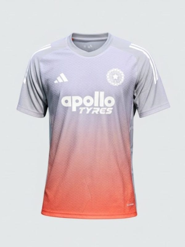Adidas Team India 2025 official cricket jersey in grey and orange, featuring BCCI logo and adidas stripes on shoulders. only on teehub