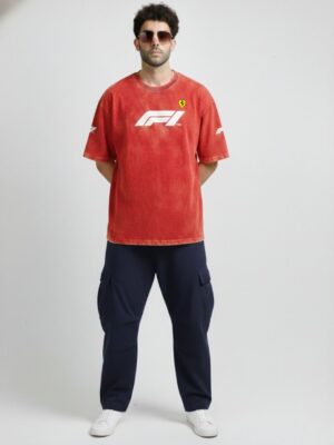 F1 Ferrari Acid Wash T Shirt - Red 7 Ferrari Formula 1 acid wash t-shirt India | oversized cotton F1 tee