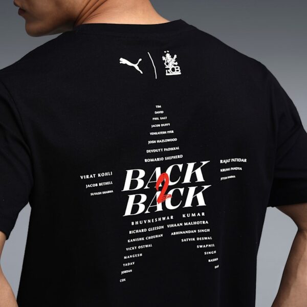 Royal Challengers Bengaluru Champions black cotton t-shirt with all team members' names displayed on the back. Premium fit, breathable fabric, and long-lasting print quality for dedicated RCB supporters.