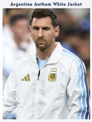 Messi Argentina Home Anthem White Jacket with stand-up collar and zipper closure available only on TeeHub