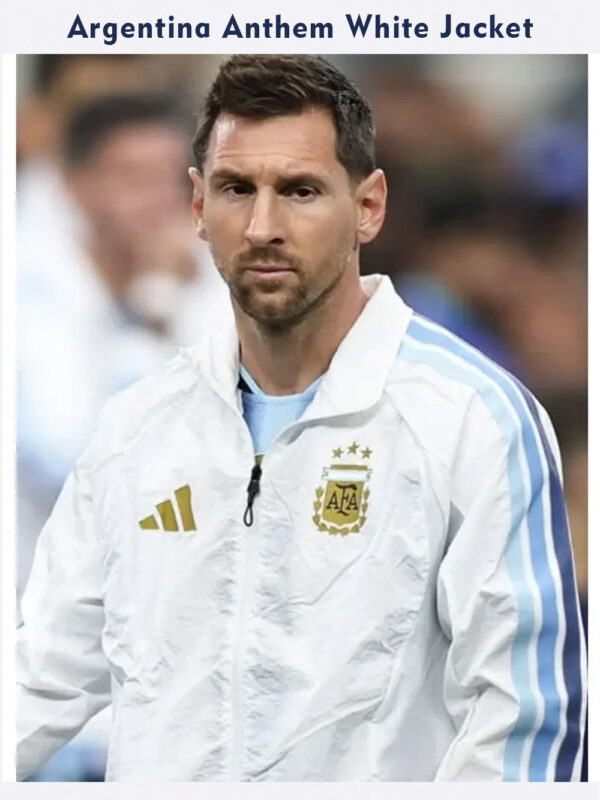 Argentina Jacket-27-M Messi Argentina Home Anthem White Jacket with stand-up collar and zipper closure available only on TeeHub