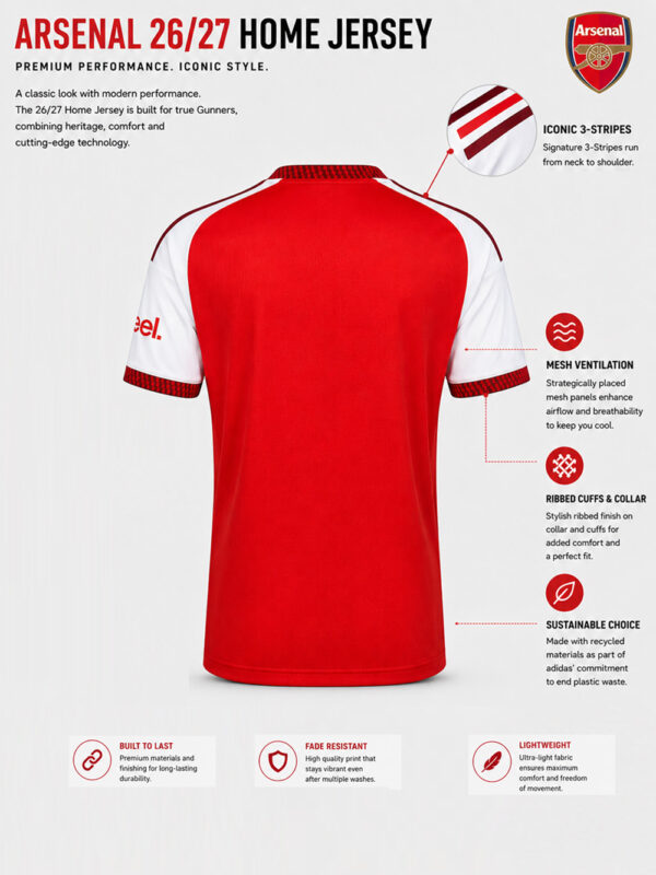 Arsenal FC 26/27 Home Jersey | Name & Number Edition 5 Arsenal FC Home Jersey 26/27 with regular fit, premium sports fabric, and custom name printing, exclusive to TeeHub.
