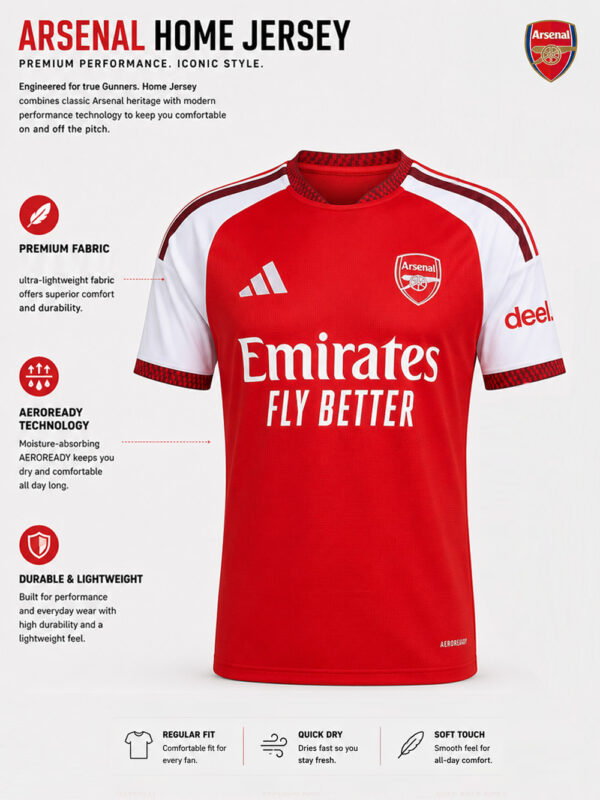 Arsenal FC 26/27 Home Jersey | Name & Number Edition 4 Arsenal FC 2026/27 Home football jersey featuring premium soft sports fabric and customized name and number, TeeHub exclusive.
