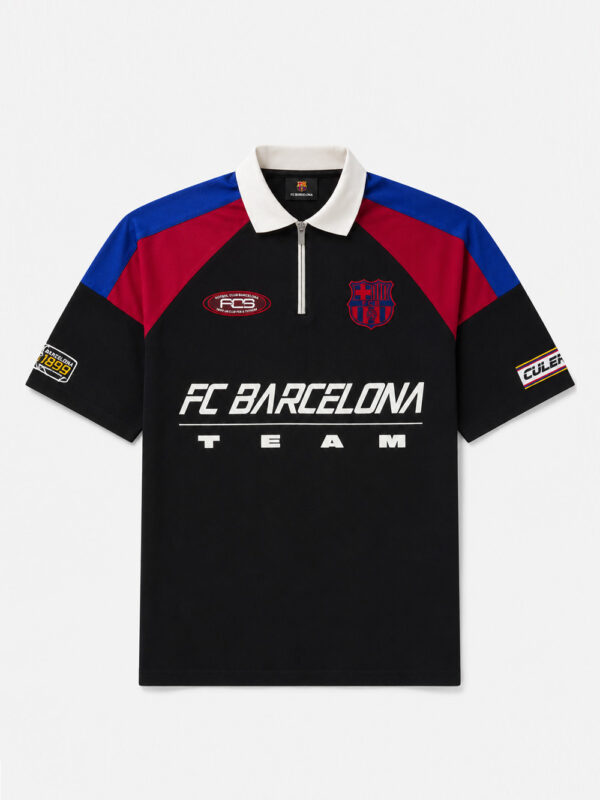 Barca Polo Half Zip Racing-F FCB Polo Half Zip Racing Barca oversized polo shirt made from 100% cotton with drop shoulder fit, available only on TeeHub.