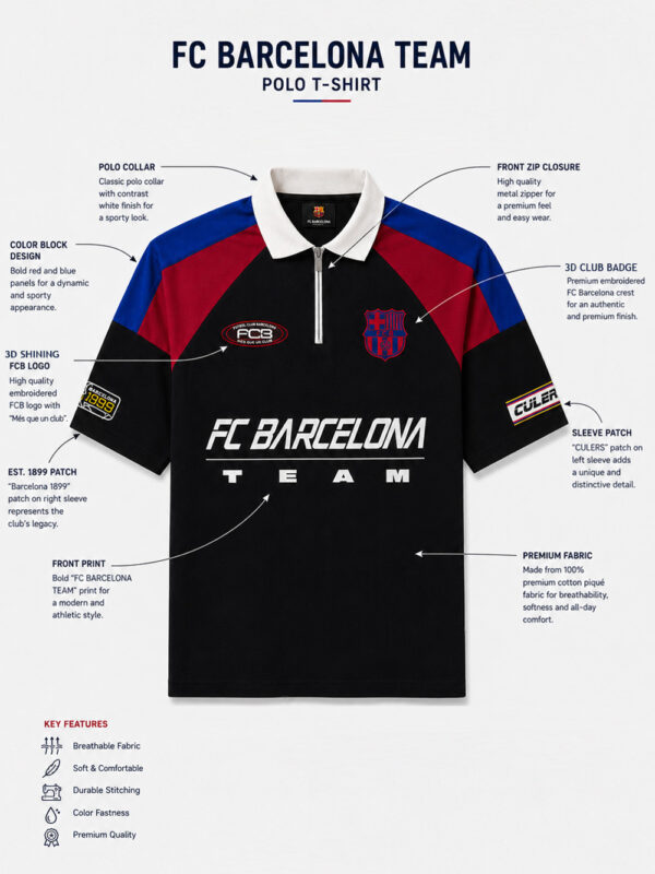 FCB Oversized Racing Polo - 100% Cotton 4 FCB Polo Half Zip Racing Barca oversized drop shoulder polo in 100% cotton, premium football-inspired streetwear by TeeHub.