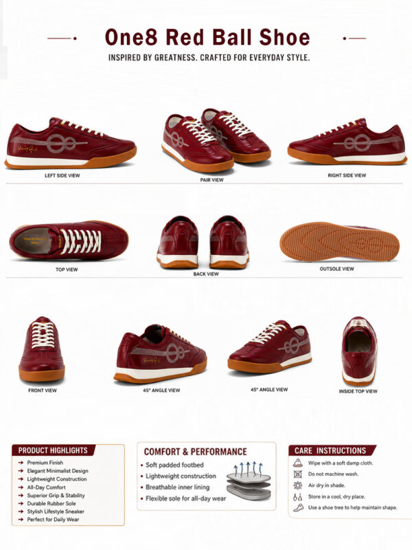 One8 Red Ball Shoe - One red Shoe Most Affordable 5 One8 Red Ball Shoe Signature with premium synthetic leather, Virat Kohli signature accent, cushioned EVA footbed, regular fit, only on TeeHub.