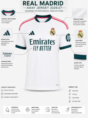 Real Madrid 26/27 Home Jersey | Name And Number Edition 9 Real Madrid 26/27 Home Jersey in premium soft fabric with custom name and number printing, exclusive TeeHub football apparel.