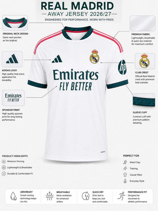 Real Madrid 26/27 Home Jersey | Name And Number Edition 2 Real Madrid 26/27 Home Jersey in premium soft fabric with custom name and number printing, exclusive TeeHub football apparel.