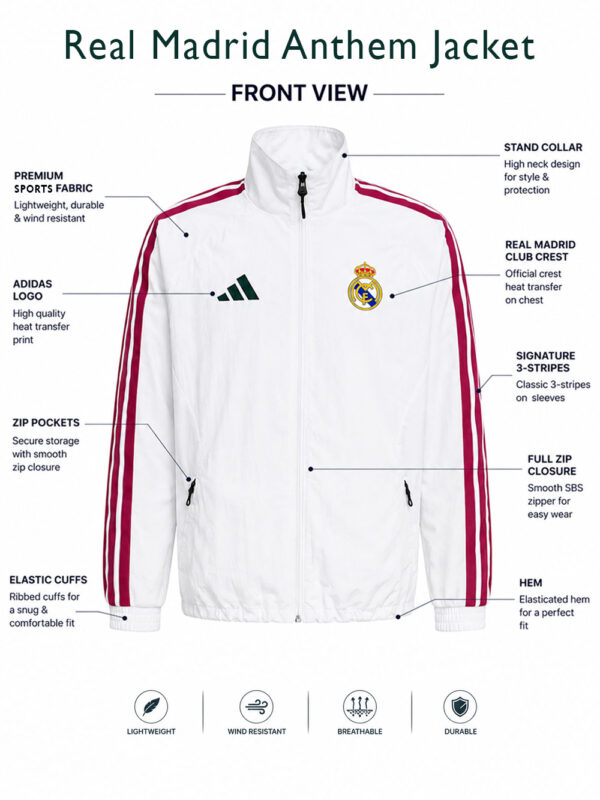 Real Madrid Anthem Jacket 5 Real Madrid football anthem jacket by TeeHub with premium sports fabric and regular fit.