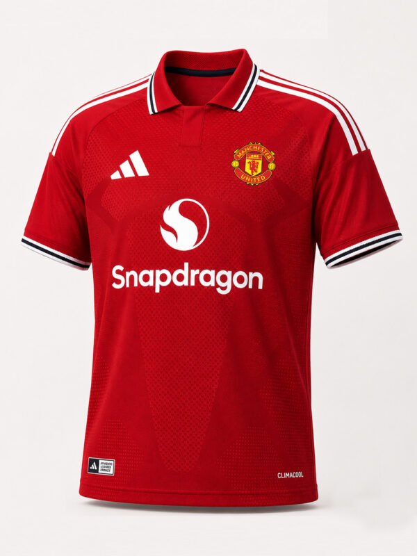 Manchester United 2026/27 Home Jersey in premium fabric with customized name and number, regular fit football jersey, available only on TeeHub.