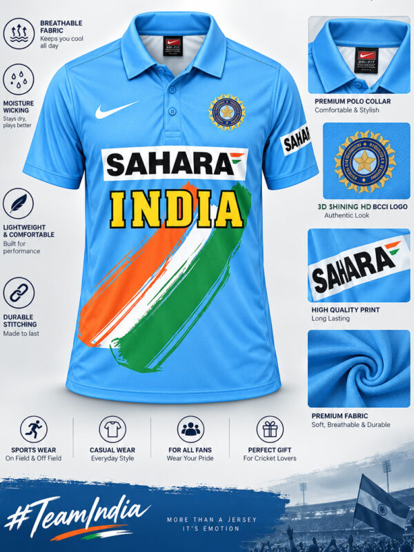 2003 Team India World Cup Retro Blue Jersey premium sports fabric regular fit by TeeHub.