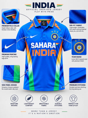 2011 Team India World Cup Retro Blue Jersey with premium sports fabric and regular fit.