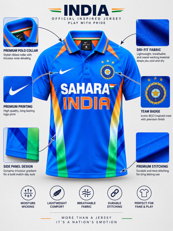 2011 Team India World Cup Retro Blue Jersey with premium sports fabric and regular fit.