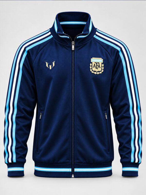 Messi Farewell Jacket 2026 | Premium Edition 1 Premium Messi Farewell Jersey 2026 featuring Argentina FC colors, stand-up collar and full zip closure.