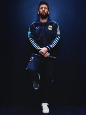 Alt Text: Messi Farewell Jersey 2026 Premium Edition with Argentina FC design, stand-up collar and full closure zipper by TeeHub.
