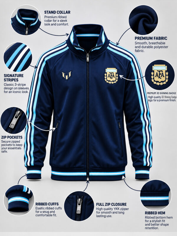 Messi Farewell Jacket 2026 | Premium Edition 4 Argentina FC Messi Farewell Jersey 2026 Limited Edition with premium fabric and zip-front design.
