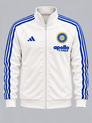 Team India New White and Blue Jacket with Big Stripes, premium sports fabric and sporty design by TeeHub.