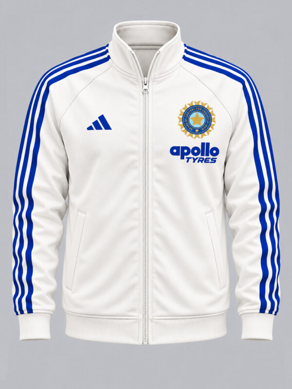Team India New White and Blue Jacket with Big Stripes, premium sports fabric and sporty design by TeeHub.