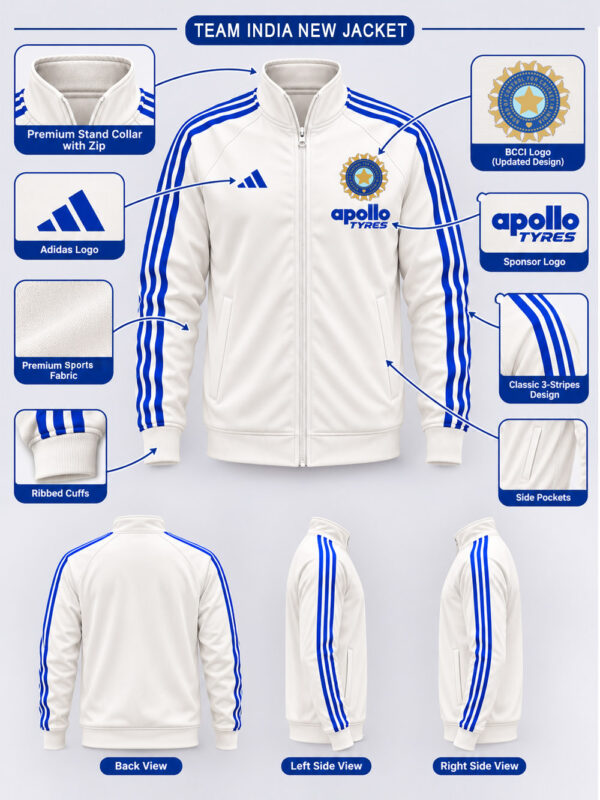 Team India New White & Blue Jacket | Big Stripes 3 Team India-inspired White and Blue Big Stripes Jacket with premium sports fabric by TeeHub.