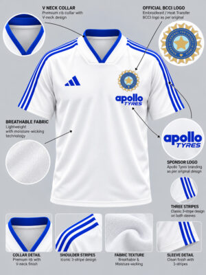 Team India-inspired Big Stripes Jersey in white and blue with a modern flat neck design.
