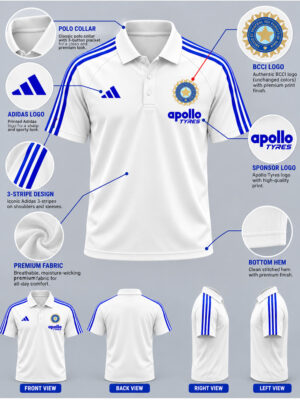 Team India New White and Blue Polo T Shirt - Big Stripes 7 Premium Team India-inspired Polo T-Shirt in white and blue with big stripes and regular fit.