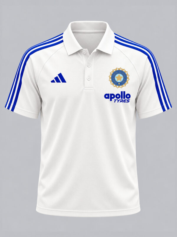 TI POLO-F2 White and Blue Team India Polo T-Shirt featuring bold big stripes and a classic polo collar.
